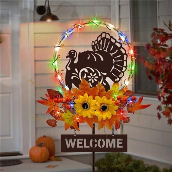 Lighted Thanksgiving Turkey with Welcome Sign Outdoor Fall Decorations Solar - Picture 1 of 7